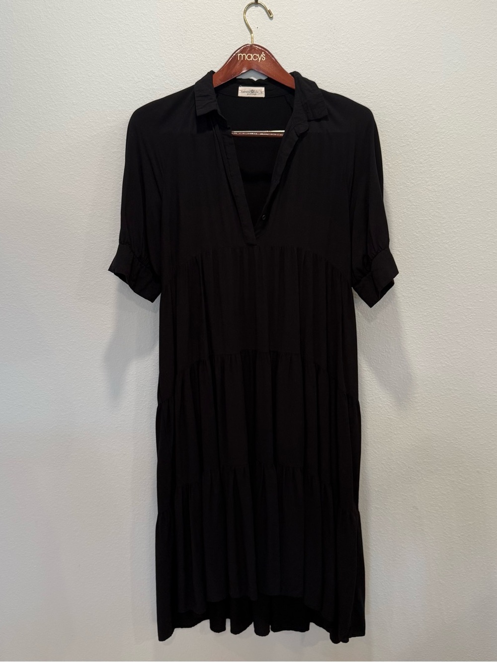 NATURAL LIFE Black Tiered Midi Shirt Dress with Collar